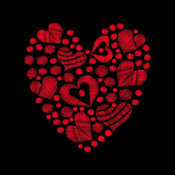 Set red heart embroidery stitches imitation in the heart form on — Stock Vector