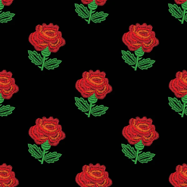 Patrón sin costura bordado con puntadas de bordado de rosa roja im — Archivo Imágenes Vectoriales