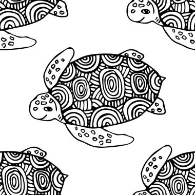 Deniz kaplumbağası çizilmiş kusursuz desenli sanat tarzı izole edilmiş.
