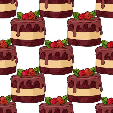 Çilek ve nane yaprağı izole ile kek ile Dikişsiz desen