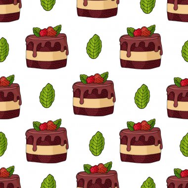 Çilek ve nane yaprağı izole ile kek ile Dikişsiz desen