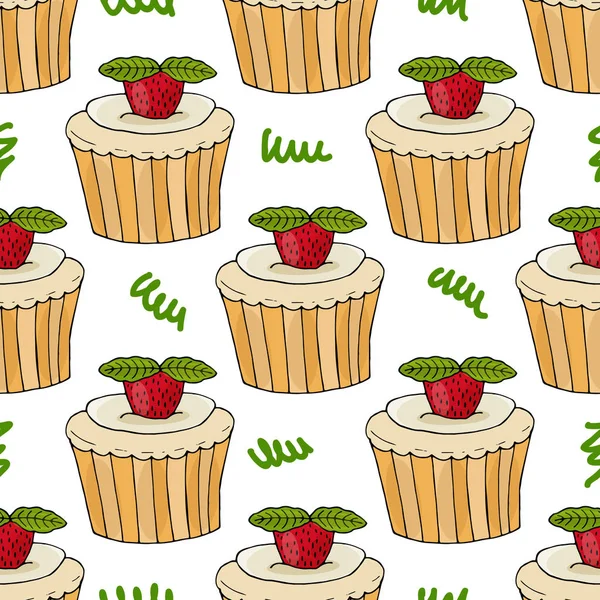Naadloos patroon met taart met aardbei en Mint blad isolaat — Stockvector