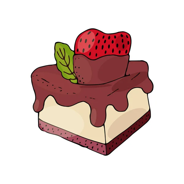 Κομμάτι κέικ με φράουλα και φύλλα μέντας απομονωμένα στο λευκό — Διανυσματικό Αρχείο
