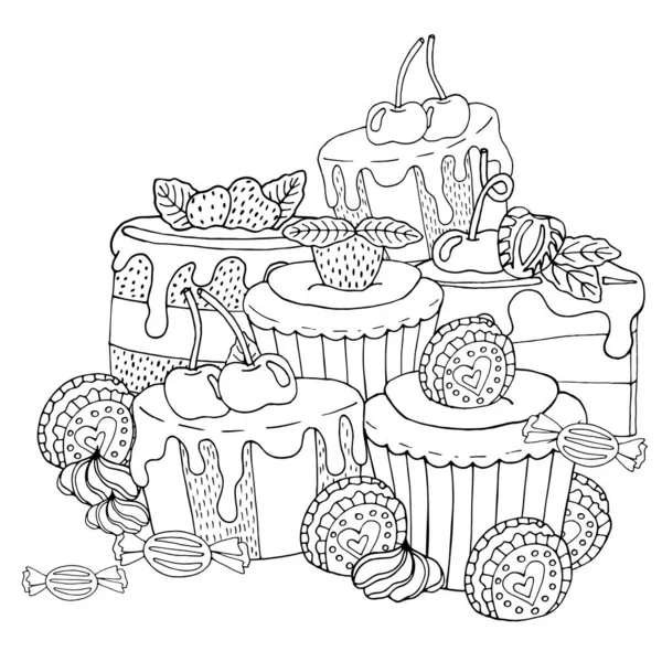 Desenho para colorir com bolo, sorvete, cupcake, doces e outros des  vetor(es) de stock de ©ellina200@mail.ru 283971708