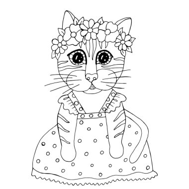 Boyama kitabı veya sayfaları için başında çiçek ile Karikatür kedi