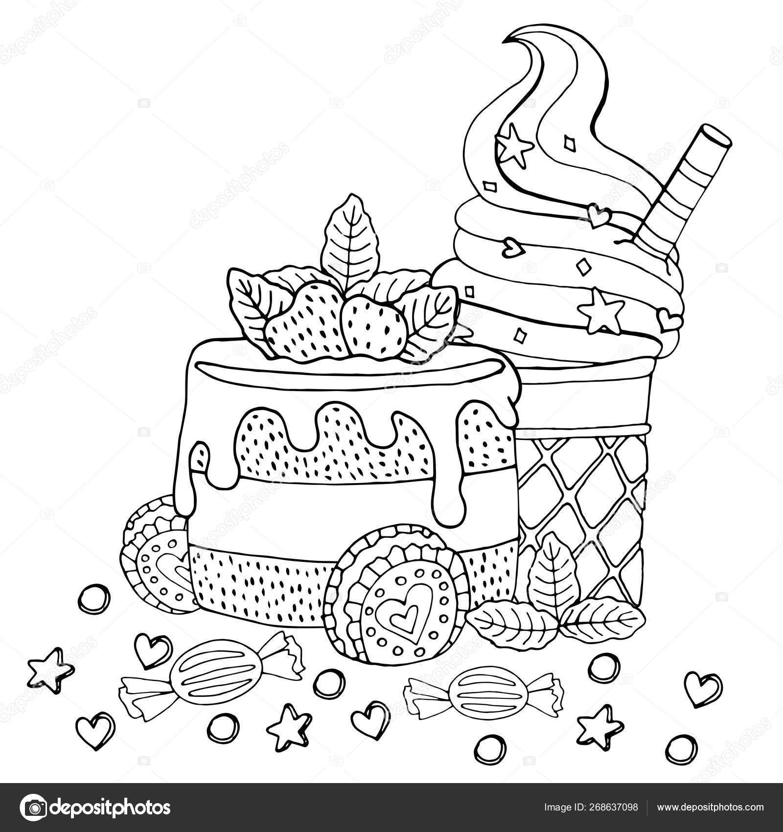 Coloring page with cake, cupcake, candy, ice cream and ...