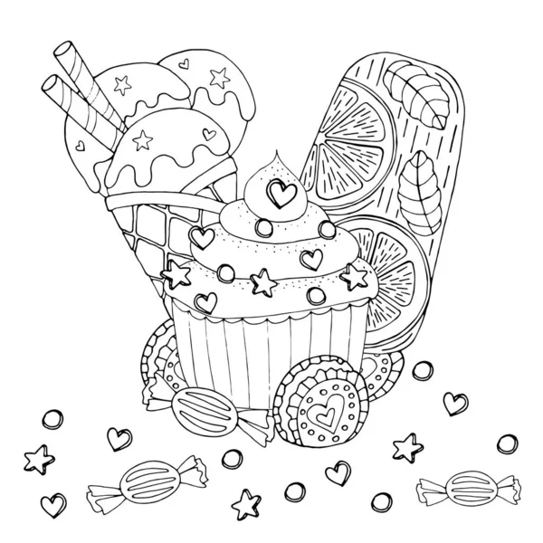 Coloriage avec gâteau, cupcake, bonbons, glaces et autres des — Image vectorielle