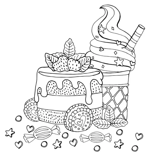 Desenho para colorir com bolo, cupcake, doces, sorvete e outros des — Vetor de Stock