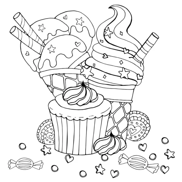 Coloring page with cake, cupcake, candy, ice cream and other des — Stock Vector