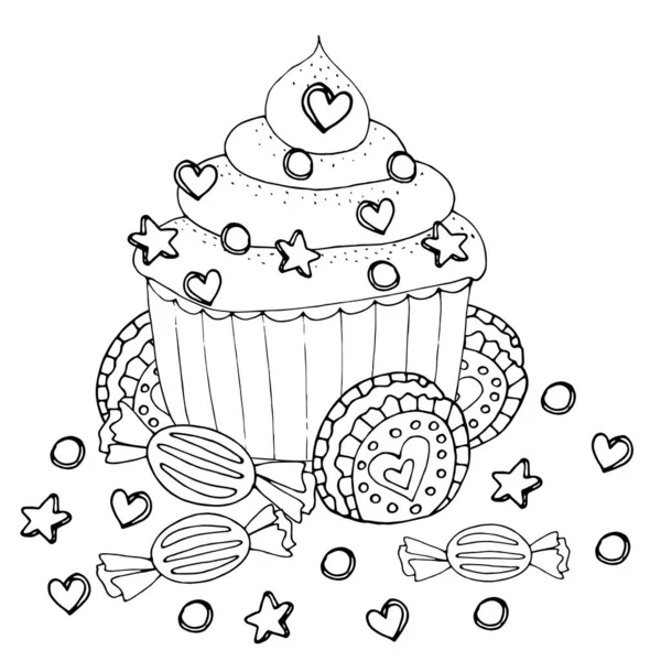 Színezés oldal torta, Cupcake, cukorka és egyéb desszert — Stock Vector