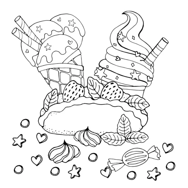 Desenho para colorir com bolo, cupcake, doces, sorvete e outros des —  Vetores de Stock