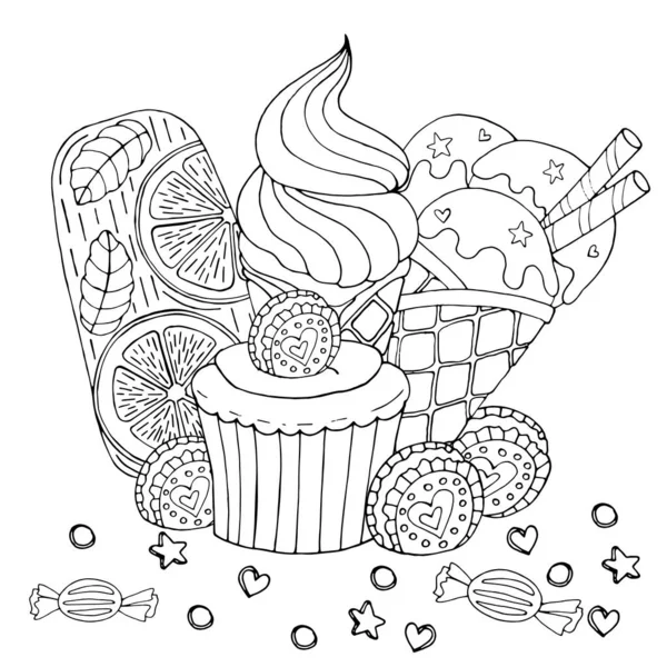 Desenho para colorir com bolo, cupcake, doces, sorvete e outros des — Vetor de Stock
