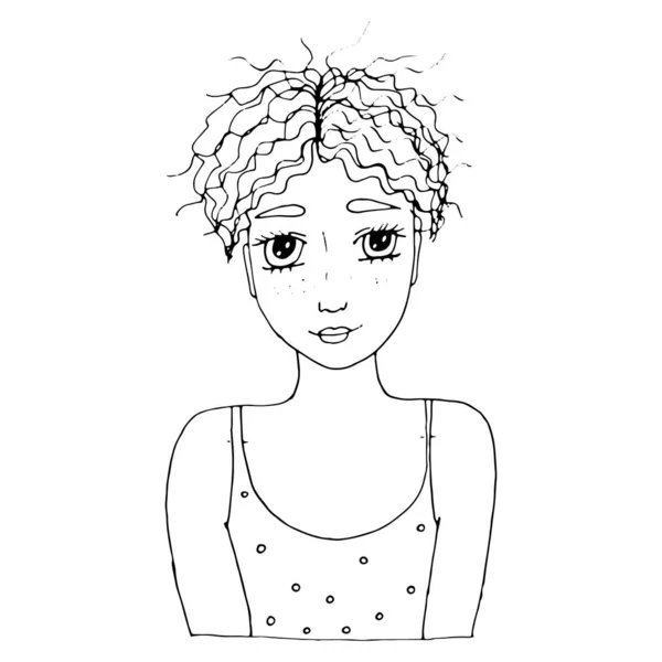 Retrato joven hermosa chica con el pelo largo para colorear página — Vector de stock
