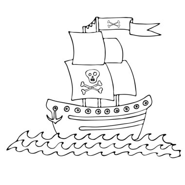 Black line pirate ship for coloring book