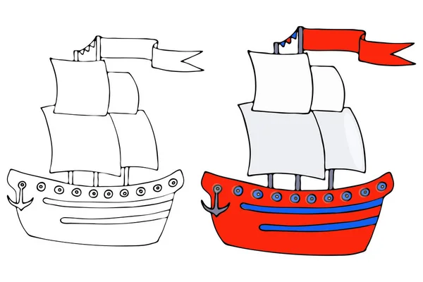 Черная линия пиратский корабль для раскраски книги — стоковый вектор