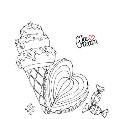 Kek, cupcake, dondurma, şeker ve diğer des ile boyama sayfası