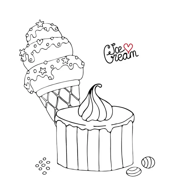 Kleurplaat pagina met cake, Cupcake, ijs, snoep en andere des — Stockvector