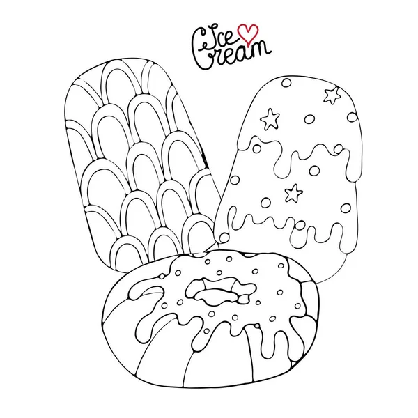Coloring page with cake, cupcake, ice cream, candy and other des — Stock Vector