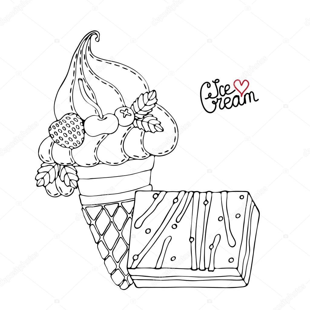 Coloring page with cake, cupcake, ice cream, candy and other des