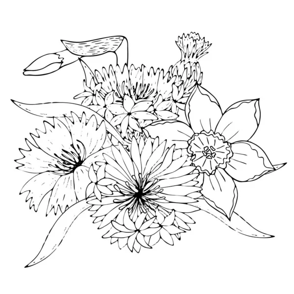 Plantilla floral con flores de campo de línea negra — Vector de stock