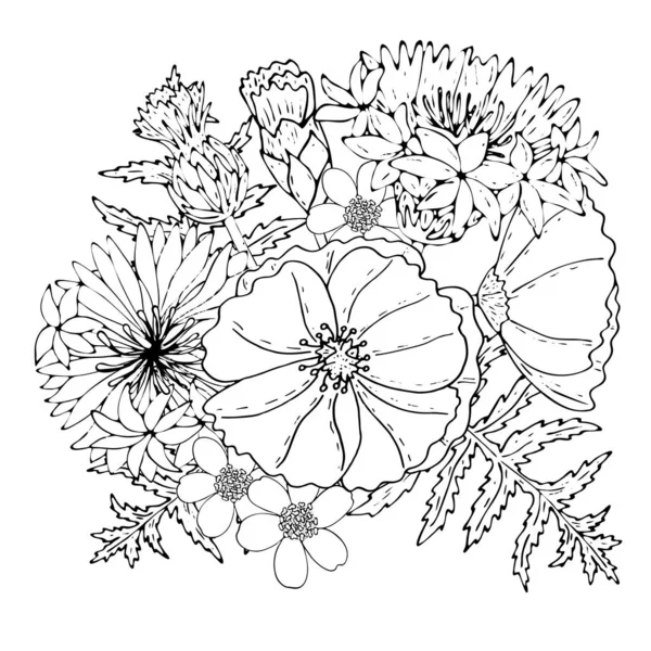 Квітковий шаблон з квітами з чорною лінією — стоковий вектор