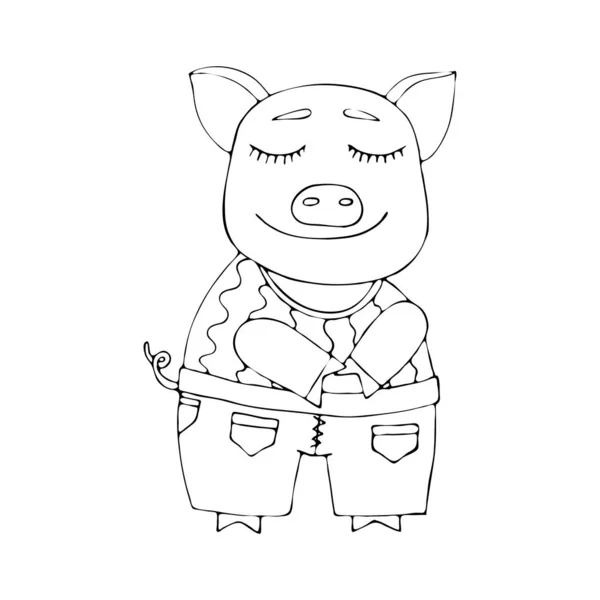 Coloriage vectoriel aperçu du livre de coloriage de porc de dessin animé pour ki — Image vectorielle