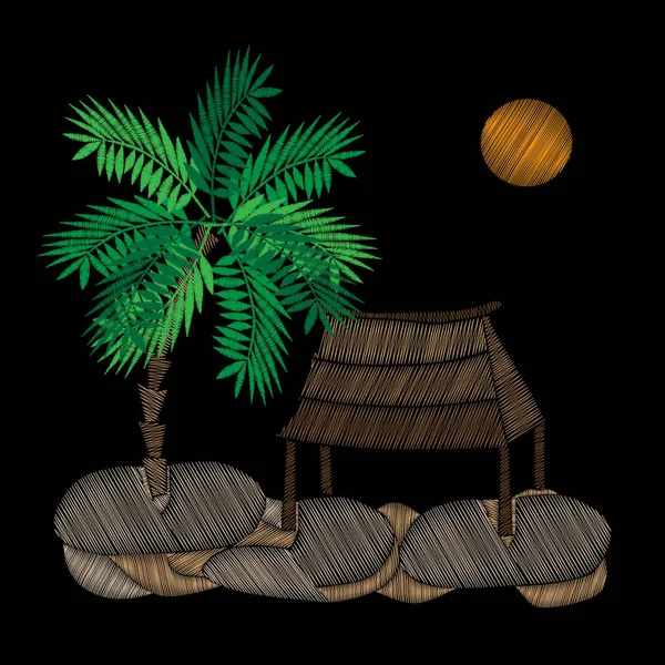Palm tree vyšívací stehy imitace na černém pozadí. — Stockový vektor