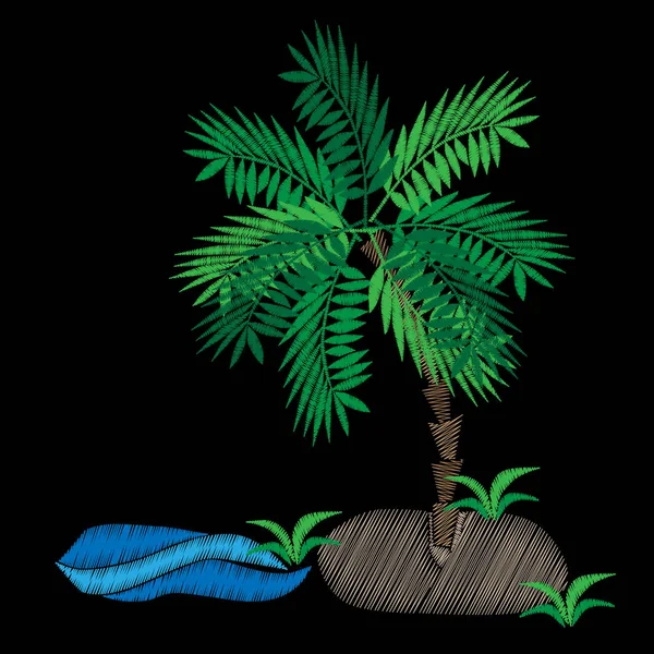在黑色背景上的棕榈树刺绣针模仿. — 图库矢量图片