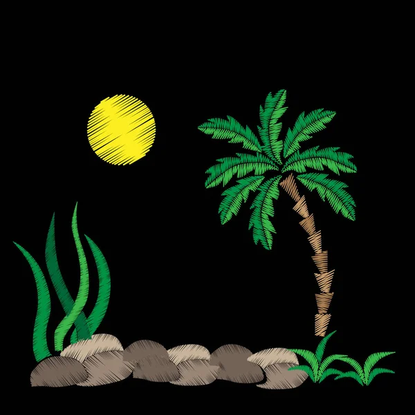 Palm tree embroidery stitches imitation on black background. — Stock Vector