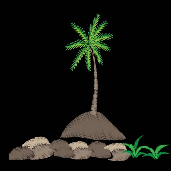 Coutures de broderie de palmier imitation sur fond noir . — Image vectorielle