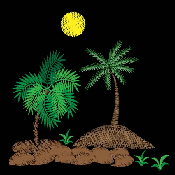 Palm tree embroidery stitches imitation on black background. — Stock Vector