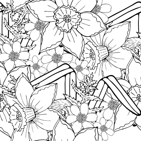 Floral fond sans couture avec des fleurs de champ ligne noire isolat — Image vectorielle