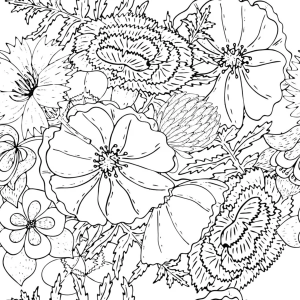 Floral naadloze achtergrond met veld bloemen zwarte lijn isolaat — Stockvector