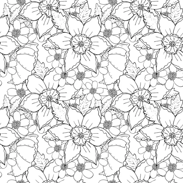 Floral fond sans couture avec des fleurs de champ ligne noire isolat — Image vectorielle