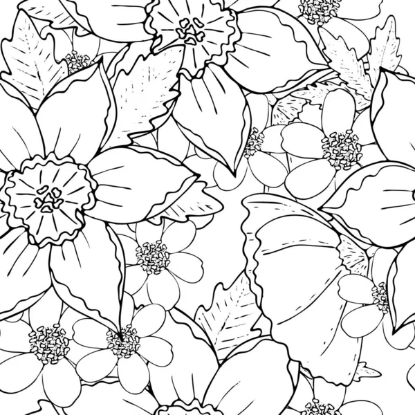 Floreale sfondo senza cuciture con campo fiori linea nera isolato — Vettoriale Stock