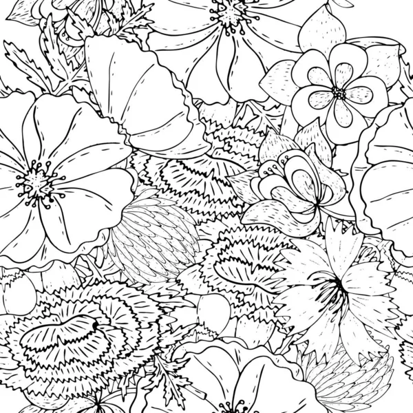 Fondo sin costura floral con flores de campo línea negra aislada — Archivo Imágenes Vectoriales