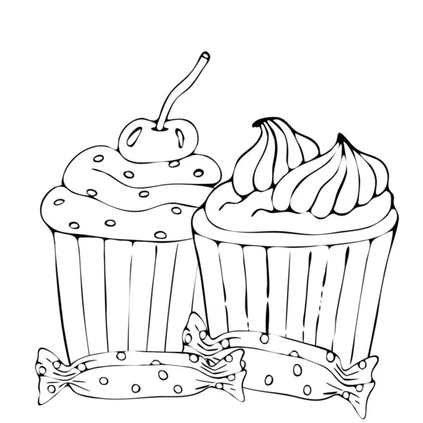 Página para colorear alimentos con pastel o cupcake, dulces — Vector de stock