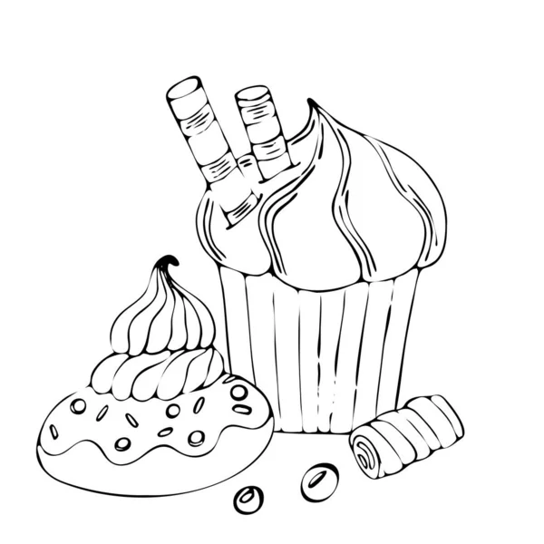 Сторінка розмальовки їжі з тортами або кексом, цукерками — стоковий вектор