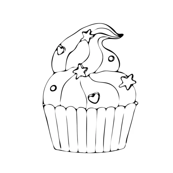 Pagina colorante alimentare con torta o cupcake, caramelle — Vettoriale Stock