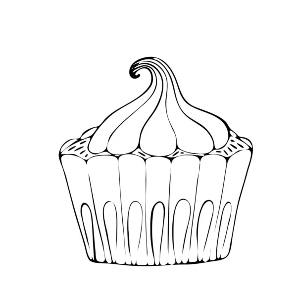 Página de coloração de alimentos com bolo ou cupcake, doces — Vetor de Stock