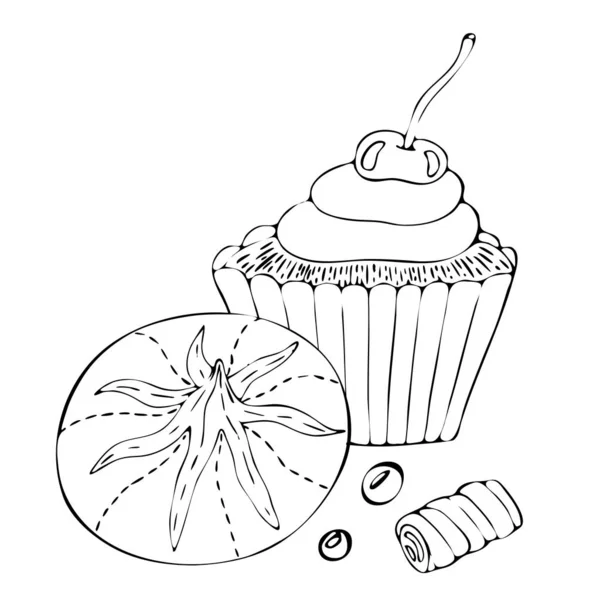 Продовольственная раскраска страницы с тортом или кексом, конфеты — стоковый вектор