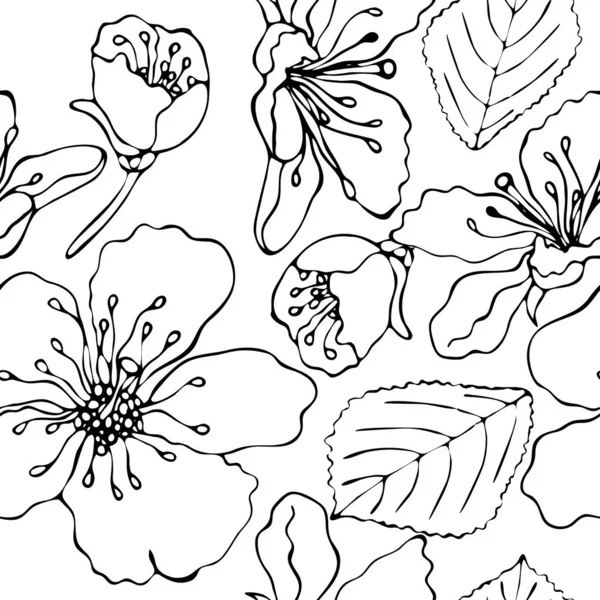 Floral vector naadloze patroon met zwarte lijn bloem — Stockvector