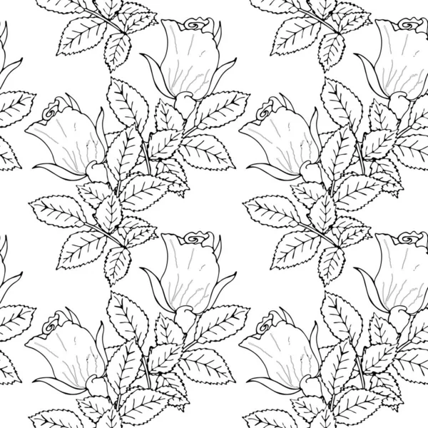 Floral vector naadloze patroon met zwarte lijn bloem — Stockvector