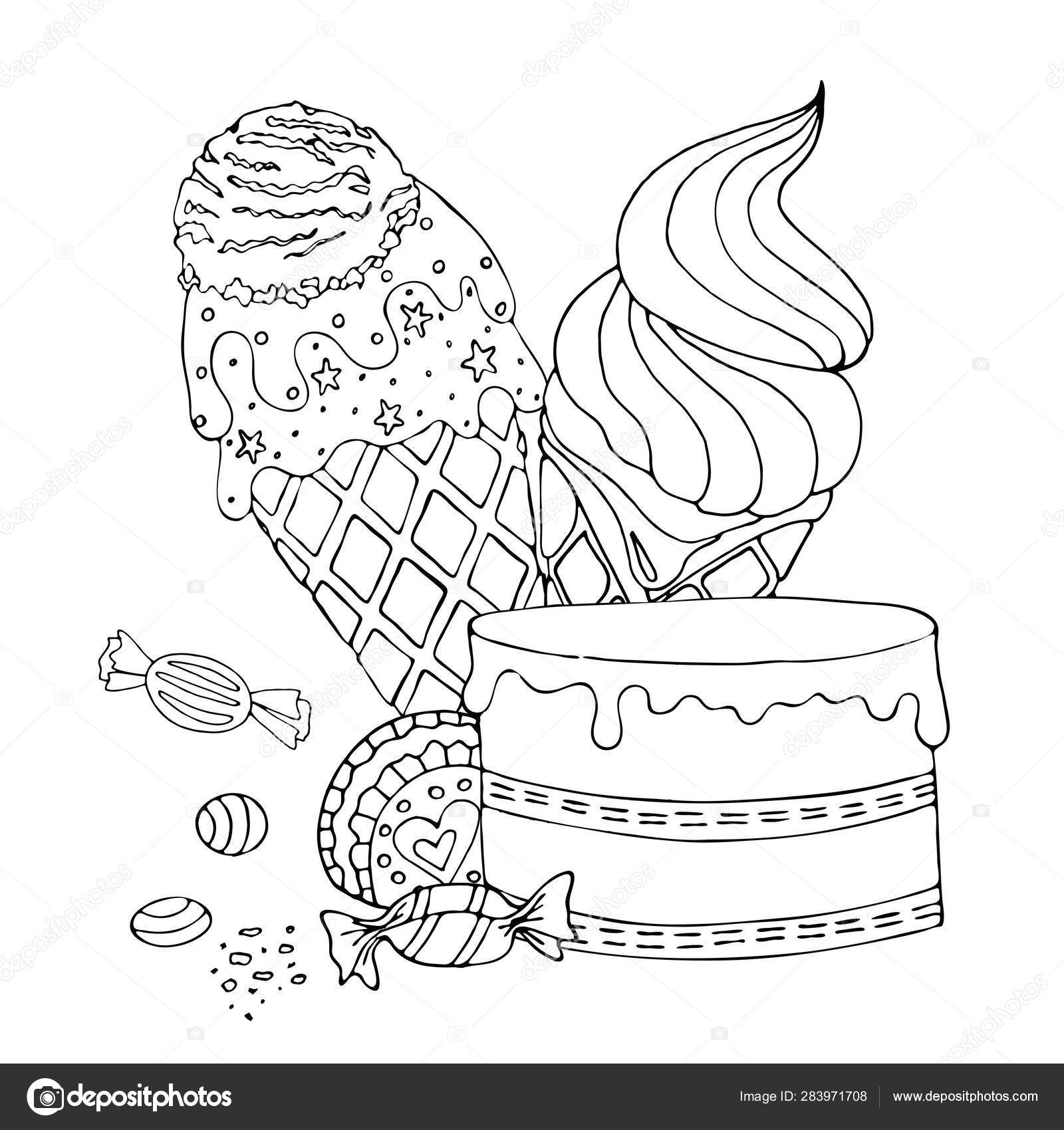 Desenho para colorir com bolo, cupcake, doces, sorvete e outros des imagem  vetorial de ellina200@mail.ru© 268637880