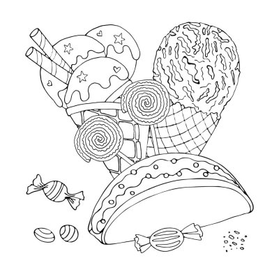 Pasta, dondurma, cupcake, şeker ve diğer des ile boyama sayfası