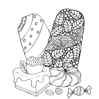 Pasta, dondurma, cupcake, şeker ve diğer des ile boyama sayfası