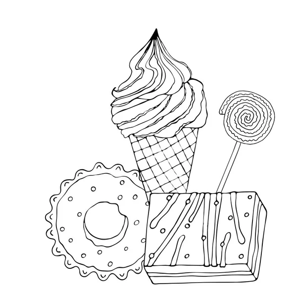 Malseite mit Kuchen, Eis, Cupcake, Bonbons und anderen Leckereien — Stockvektor