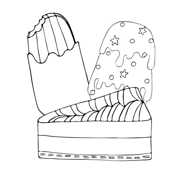 Desenho para colorir com bolo, sorvete, cupcake, doces e outros des — Vetor de Stock