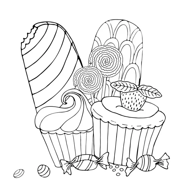 Розмальовка сторінка з тортами, морозивом, кексом, цукерками та іншими де — стоковий вектор