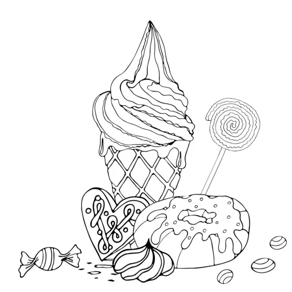 Coloring page with cake, ice cream, cupcake, candy and other des — Stock Vector